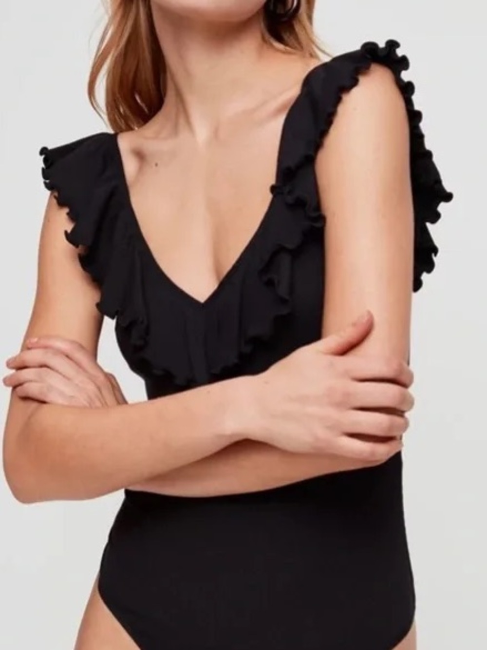 Aritzia Wilfred Danette Ruffle Bodysuit | Off-Shoulder Ribbed Bodysuit